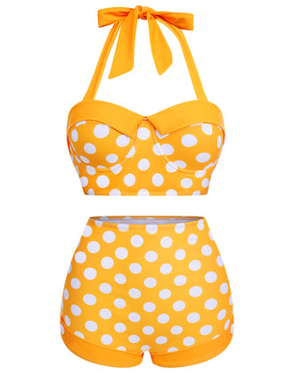 Yellow 1950s Polka Dots Halter Bikini Set - vintage fashion, retro style