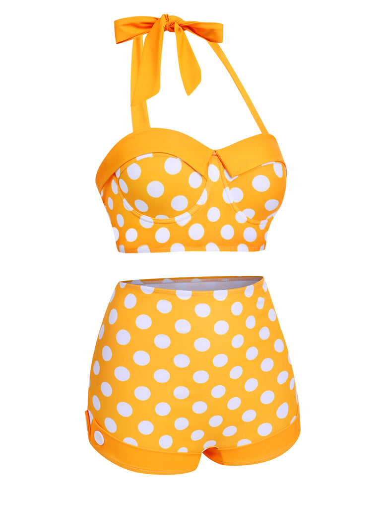 Yellow 1950s Polka Dots Halter Bikini Set — vintage elegance for the modern woman