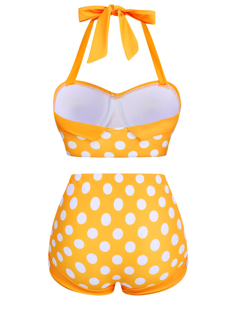Yellow 1950s Polka Dots Halter Bikini Set: timeless style reimagined