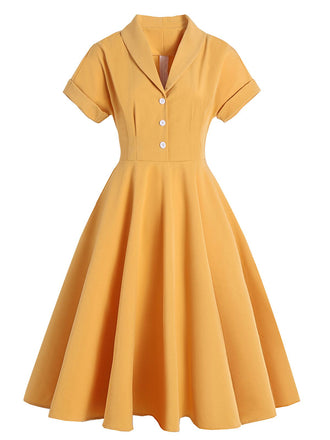 Yellow 1950s Solid Buttoned Swing Dress: timeless style reimagined