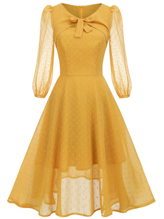 Yellow 1950s Transparent Sleeve Patchwork Dress: timeless style reimagined