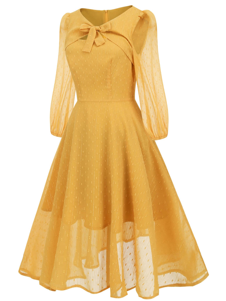Yellow 1950s Transparent Sleeve Patchwork Dress — vintage elegance for the modern woman