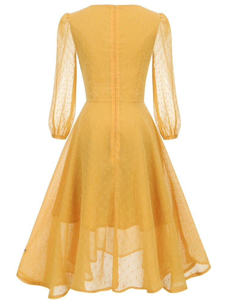 Yellow 1950s Transparent Sleeve Patchwork Dress: timeless style reimagined