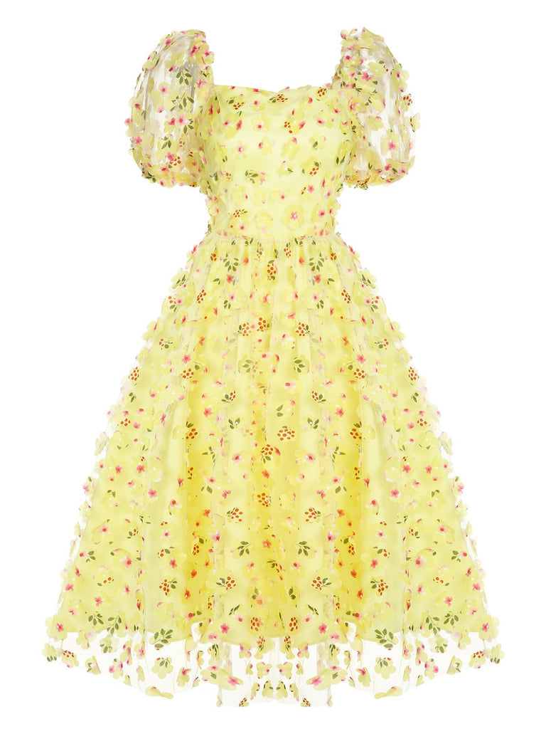 yellow long sleeve swing dress Yellow 3D Floral Puff Sleeves Swing Dress