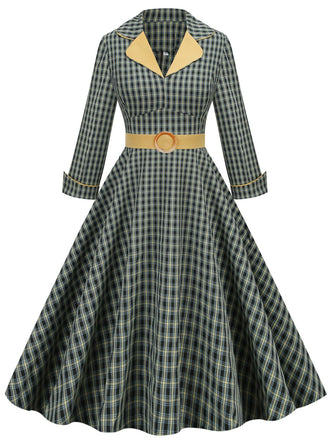 Yellow & Black 1950s Plaid Lapel Belt Swing Dress: timeless style reimagined