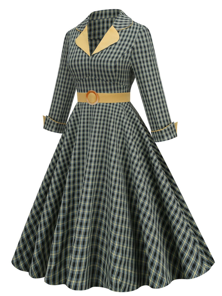Yellow & Black 1950s Plaid Lapel Belt Swing Dress — vintage elegance for the modern woman