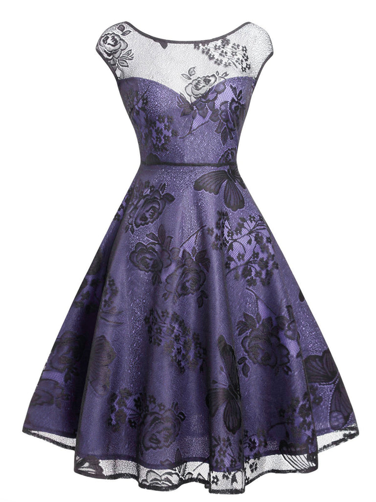 Purple 1950s Mesh Floral Swing Dress