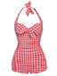 Red 1950s Plaid Halter One-piece Swimsuit