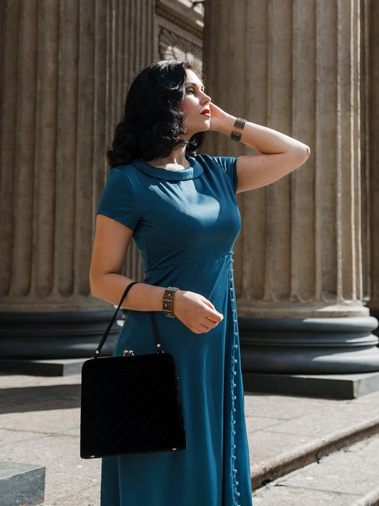 Blue 1940s Pearl Buttons Darlene Dress