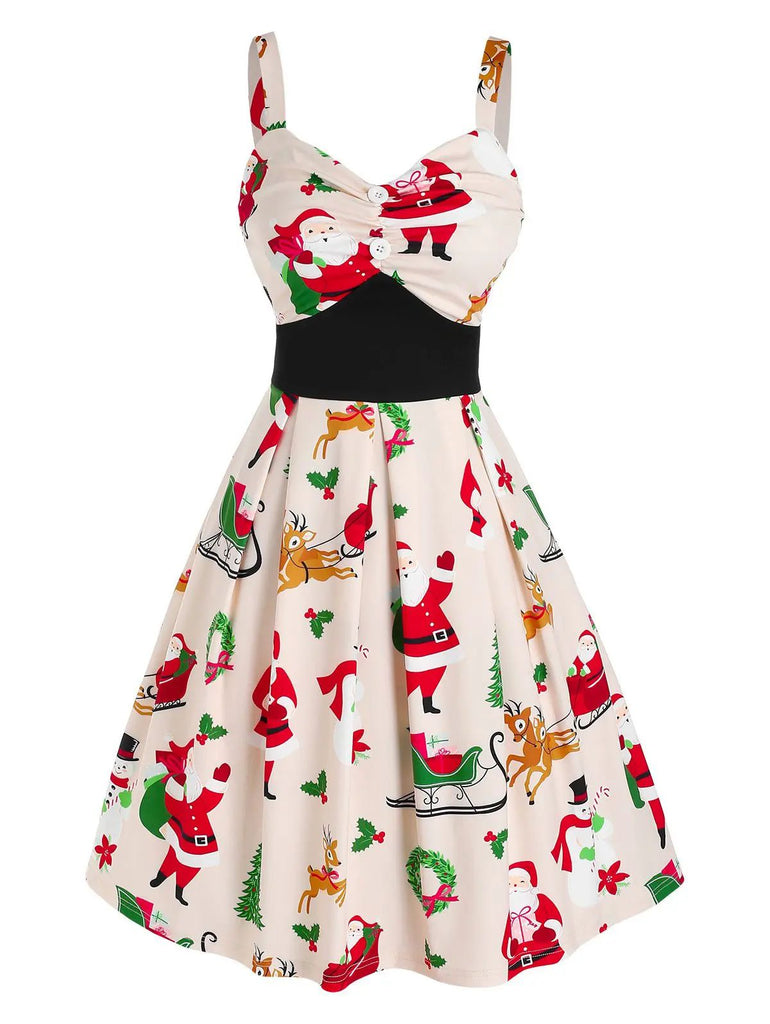 1950s Christmas Strap Button Swing Dress