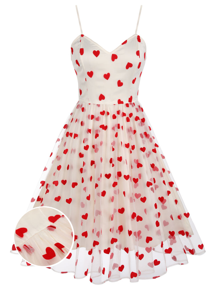 Retro Stage A-Line Strap Tulle Heart Flocked Midi Dress Pink