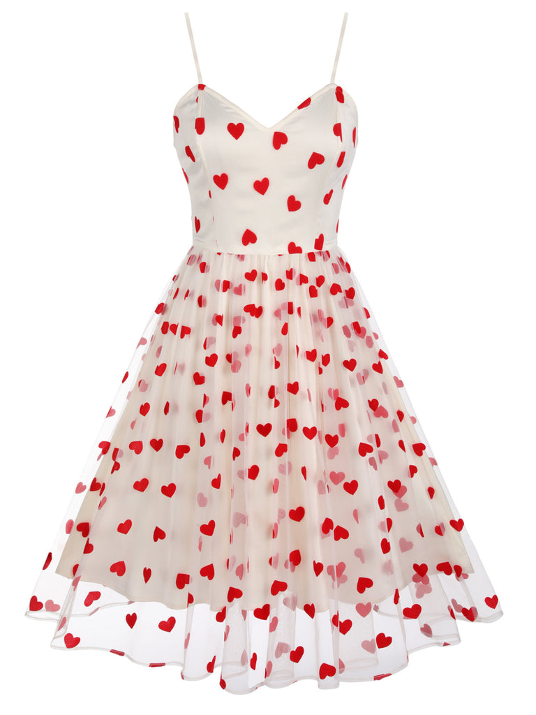 Retro Stage A-Line Strap Tulle Heart Flocked Midi Dress Pink