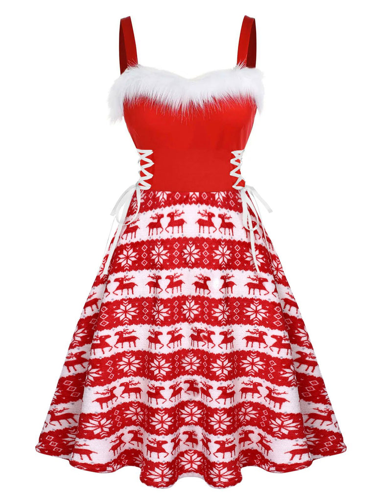 Red 1950s Furry Strap Swing Dress